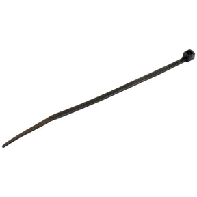 The Sparex Cable Tie - Non Releasable, measuring 430mm x 7.6mm (Sparex Part No.S.139889), is a black plastic tie with a non-releasable ratchet mechanism at one end, designed for bundling or securing items together.