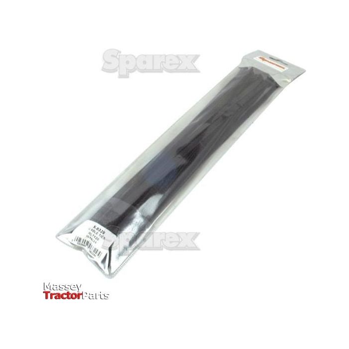 A packaged Sparex Cable Tie - Releasable in a transparent plastic sleeve, labeled as Sparex Part No. S.6329. The elongated, rectangular package showcases the contents within, including a 370mm x 7.6mm cable tie.
