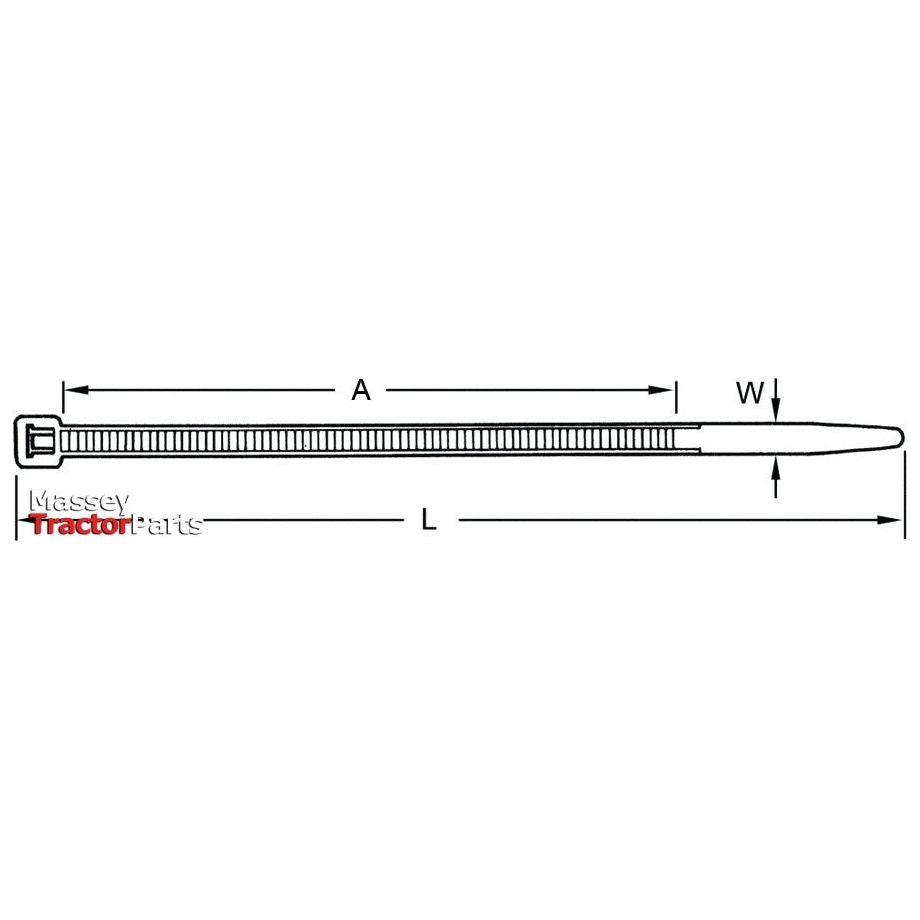 Diagram of a cable tie with labeled dimensions: length (L), width (W), and engagement area (A). The image, featuring a Sparex Cable Tie - Releasable, 770mm x 8.6mm | Sparex Part No.S.6330, is from Massey Tractor Parts.