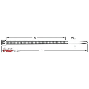 Diagram of a cable tie with labeled dimensions: length (L), width (W), and engagement area (A). The image, featuring a Sparex Cable Tie - Releasable, 770mm x 8.6mm | Sparex Part No.S.6330, is from Massey Tractor Parts.