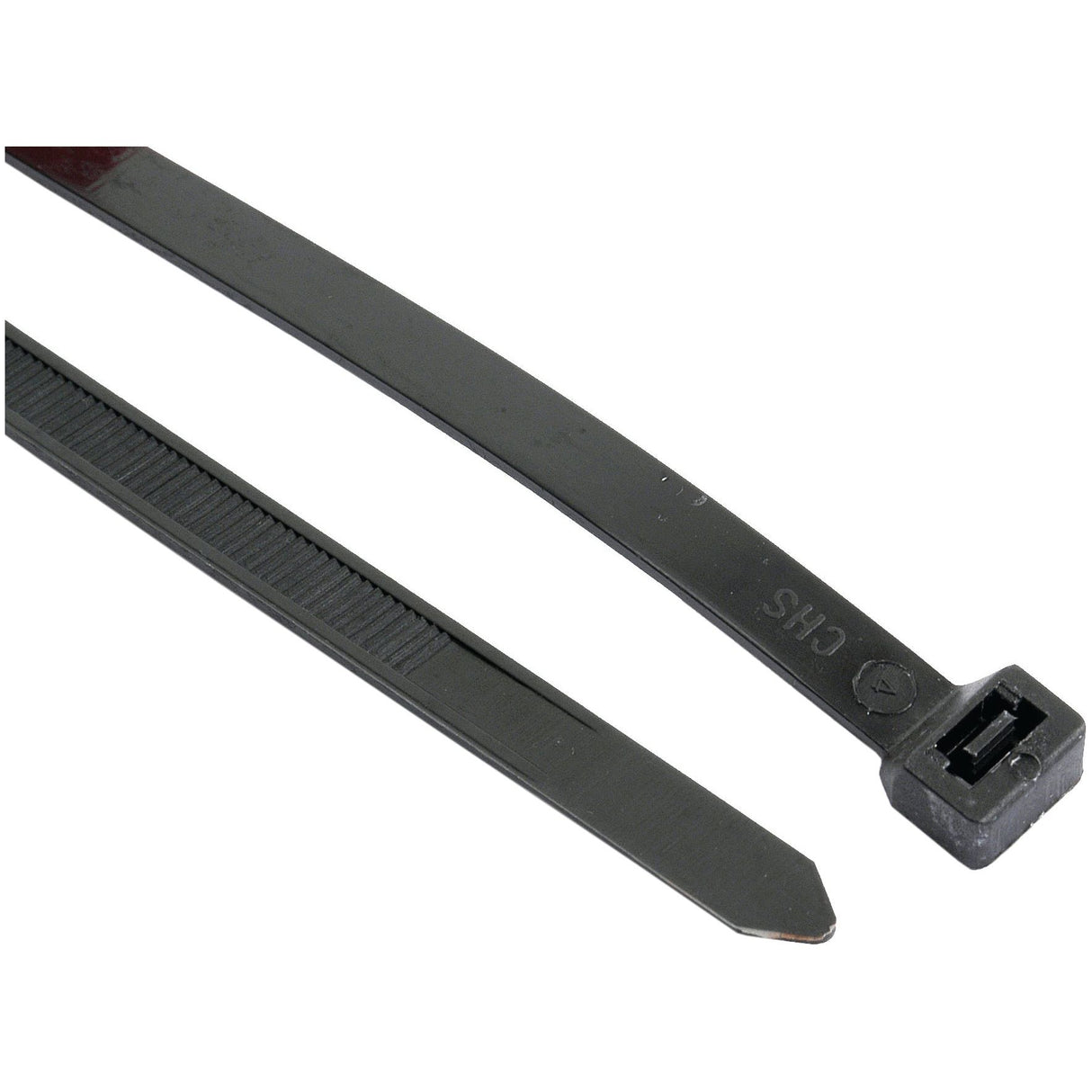 Close-up of a Sparex Cable Tie - Releasable (Part No. S.5983), 775mm x 8.85mm, in black plastic, displayed on a white background, highlighting the ridged side and locking head.