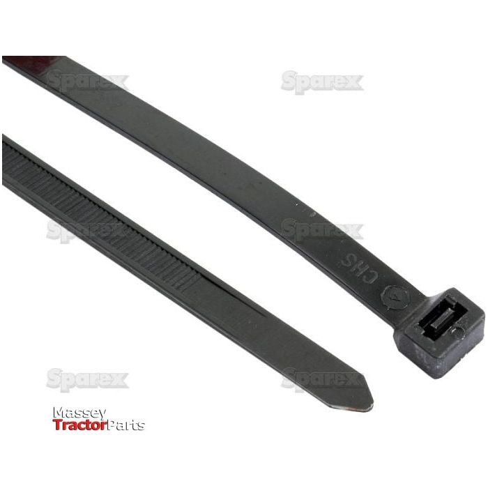 Two black plastic cable ties, one displaying the notched side and the other showcasing the locking mechanism, are displayed on a white background. The Sparex brand logo is visible. These Cable Tie - Releasable, 775mm x 8.85mm (Sparex Part No.S.5983) are prominently featured.
