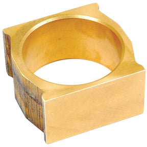 A brass, square-shaped napkin ring with a circular opening is showcased on a white background, echoing the precision and quality associated with Sparex craftsmanship, as exemplified by the Cam Block | Sparex Part No. S.40858.