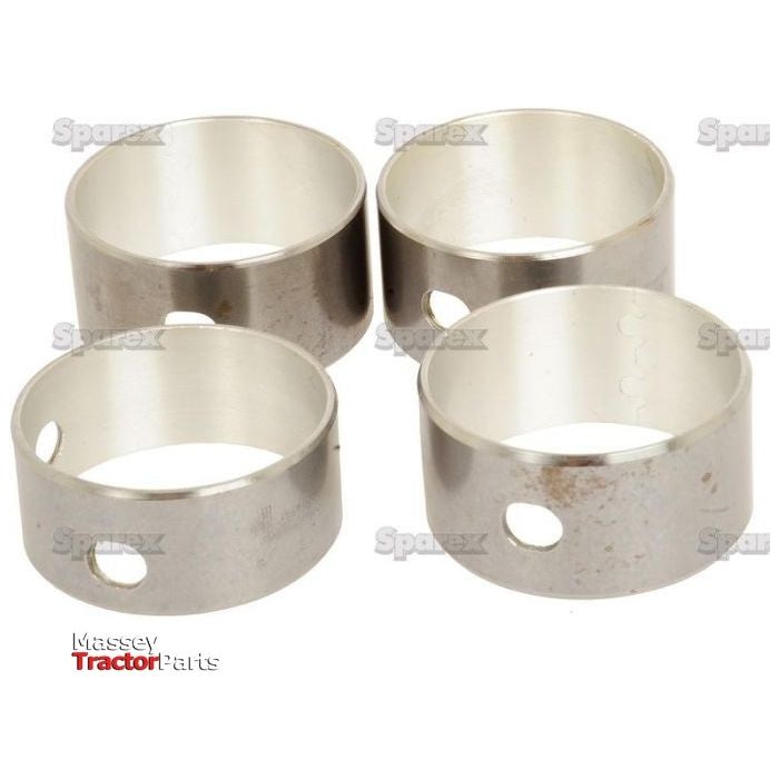 Four silver metal sleeves with circular cut-outs displayed against a white background, accompanied by the text "Massey Tractor Parts" and "Sparex Camshaft Bush Kit - S.62122.