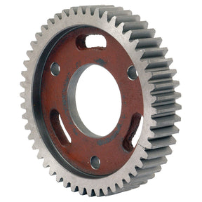 The Camshaft Gear - S.40520 by Sparex is a metal component with evenly spaced teeth surrounding a large central hole, which features two smaller rectangular cutouts on opposite sides of the interior circle. The gear boasts a reddish inner surface, indicative of the high-quality standards required for compatibility with Perkins machinery.