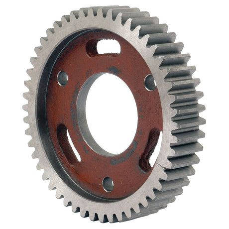 Close-up of a Sparex Camshaft Gear (S.40520) with a central hole and multiple smaller holes around the inner ring. The gear has a toothed outer edge and a reddish-brown inner surface, ideal for Landini and Perkins machinery.