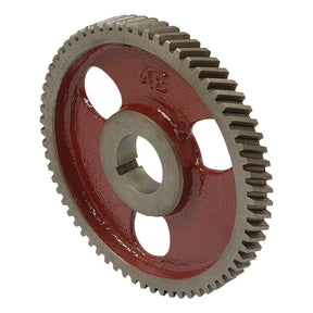 Image of a red and silver Camshaft Gear - S.57370 with 66 teeth around its circumference, featuring three large holes and a smaller central hole. Perfect for precision machinery, this Sparex component exemplifies durability and craftsmanship.