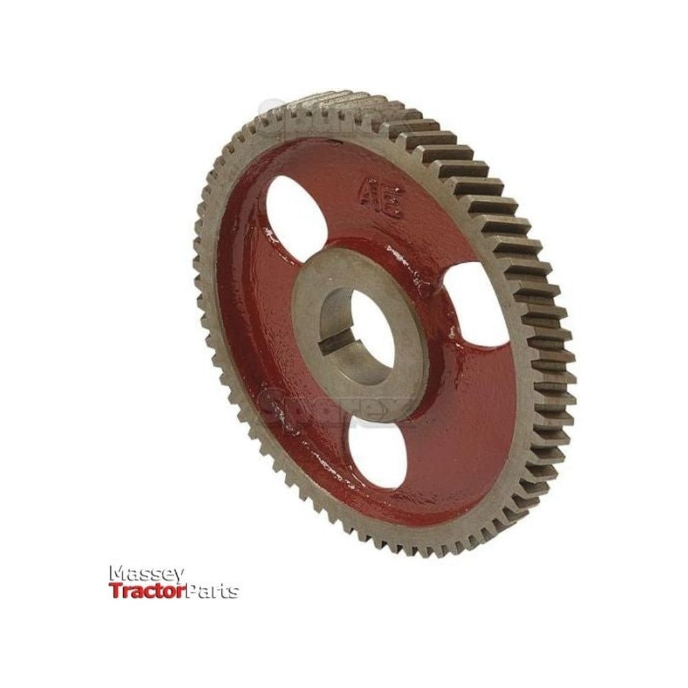 Presenting the Sparex Camshaft Gear - S.57370: a metal gear wheel boasting four rectangular cutouts and a central hole. This gear features an attractive two-tone design with a red center and outer sections, complemented by 66 teeth. The bottom left displays "Massey Tractor Parts" next to the Sparex logo.