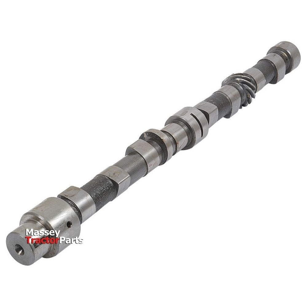 Steel camshaft for a Massey tractor, the Sparex Camshaft 4 Cyl. (Sparex Part No.S.56986), is displayed against a clean white background. Similar to parts used in Case IH and International Harvester models, this camshaft features multiple lobes and journals along its length.
