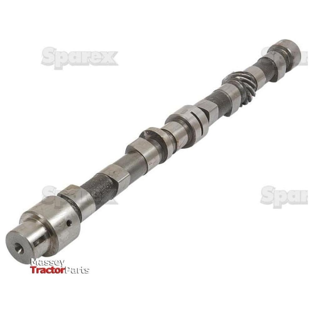 A camshaft for a Massey tractor is laid horizontally against a white background. The words "Sparex" and "Massey Tractor Parts" are visible in the image, emphasizing its compatibility with various agricultural machines including Case IH and International Harvester models. This is the Sparex Part No.S.56986 Camshaft 4 Cyl., a reliable product from the trusted brand, Sparex.
