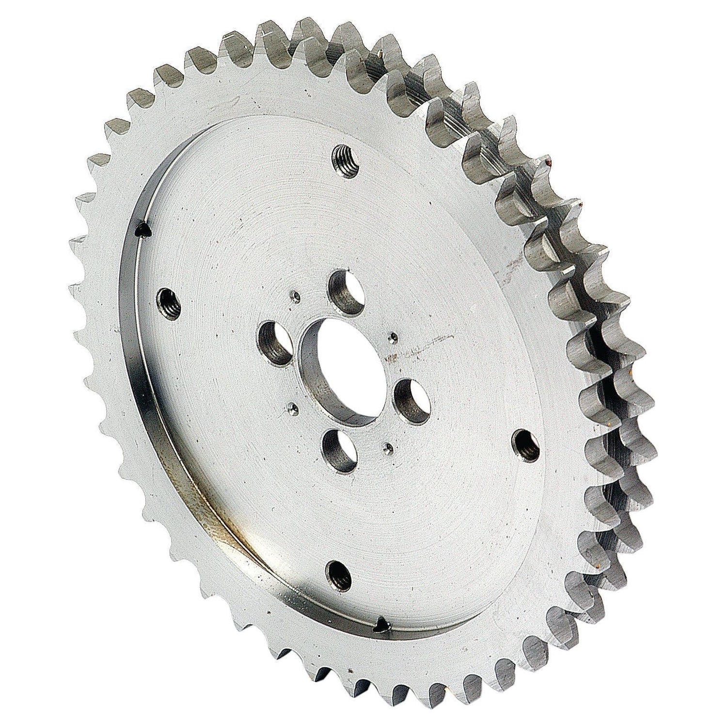 Image of a silver metal sprocket with several evenly spaced holes around its center and a series of teeth around the outer edge, resembling those used in Massey Ferguson machinery. This is the Camshaft Sprocket | Sparex Part No.S.42418 by Sparex.