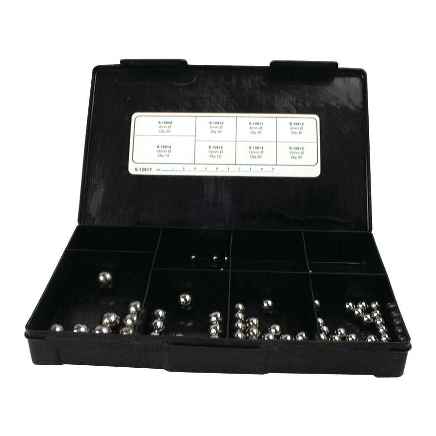 A black plastic case with multiple compartments, containing various sizes of Carbon Steel Ball Bearings ranging from 4mm to 16mm. The Handipak set by Sparex includes a total of 194 pieces. A white label with text and measurements is affixed to the open lid.