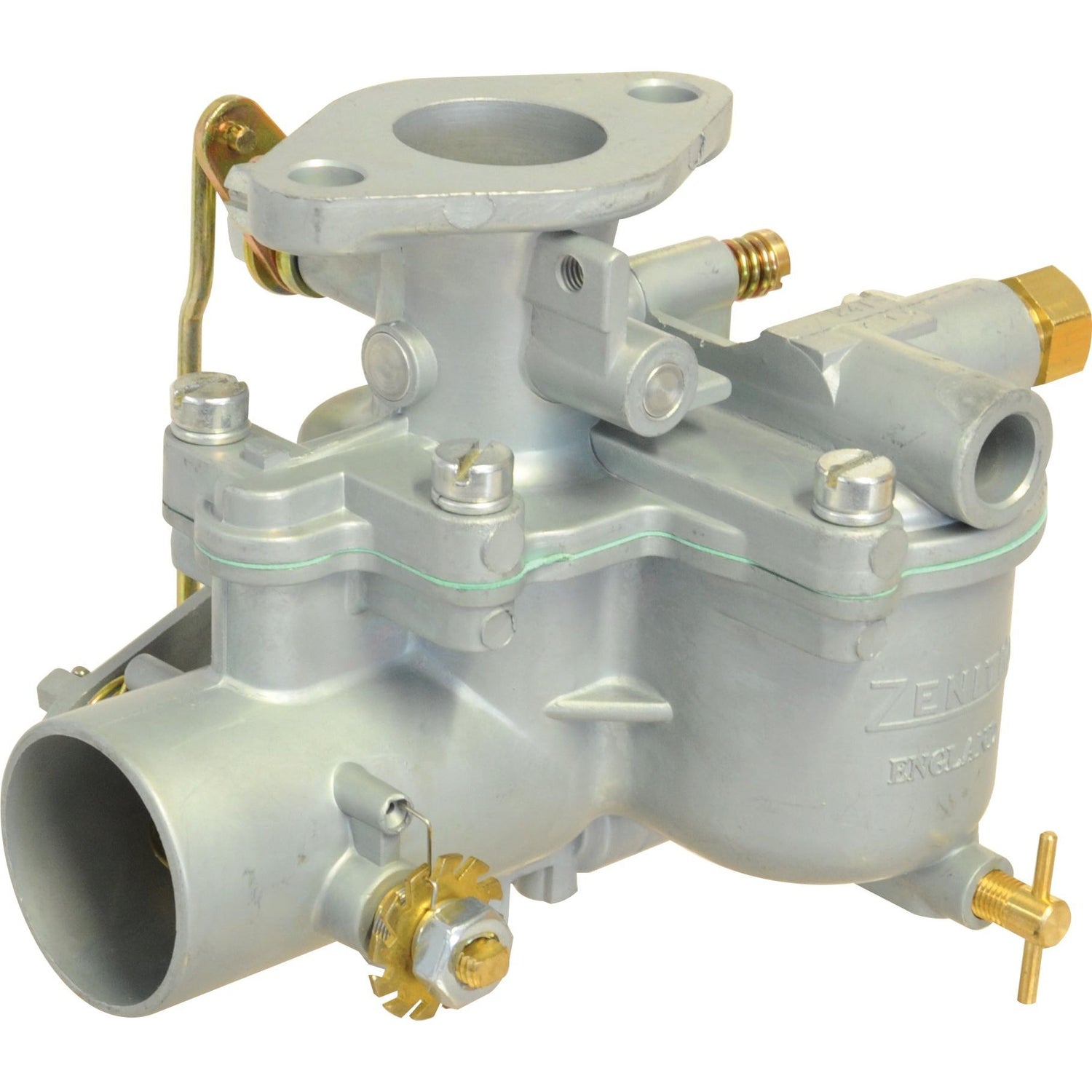 Close-up of a mechanical carburetor with metallic parts, screws, and valves, designed for fuel-air mixing in internal combustion engines. Featured is a Sparex Carburettor Gasket (Part No. S.43654) commonly used in Massey Ferguson tractors.