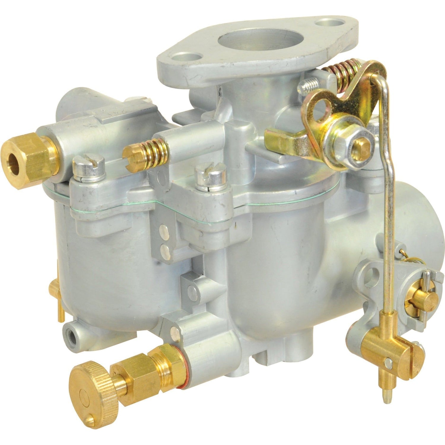 A close-up image of the Carburettor Gasket by Sparex (Sparex Part No. S.43654) showcases various brass fittings, screws, and a linkage mechanism. The metal parts have a silver finish with visible bolts and connectors.