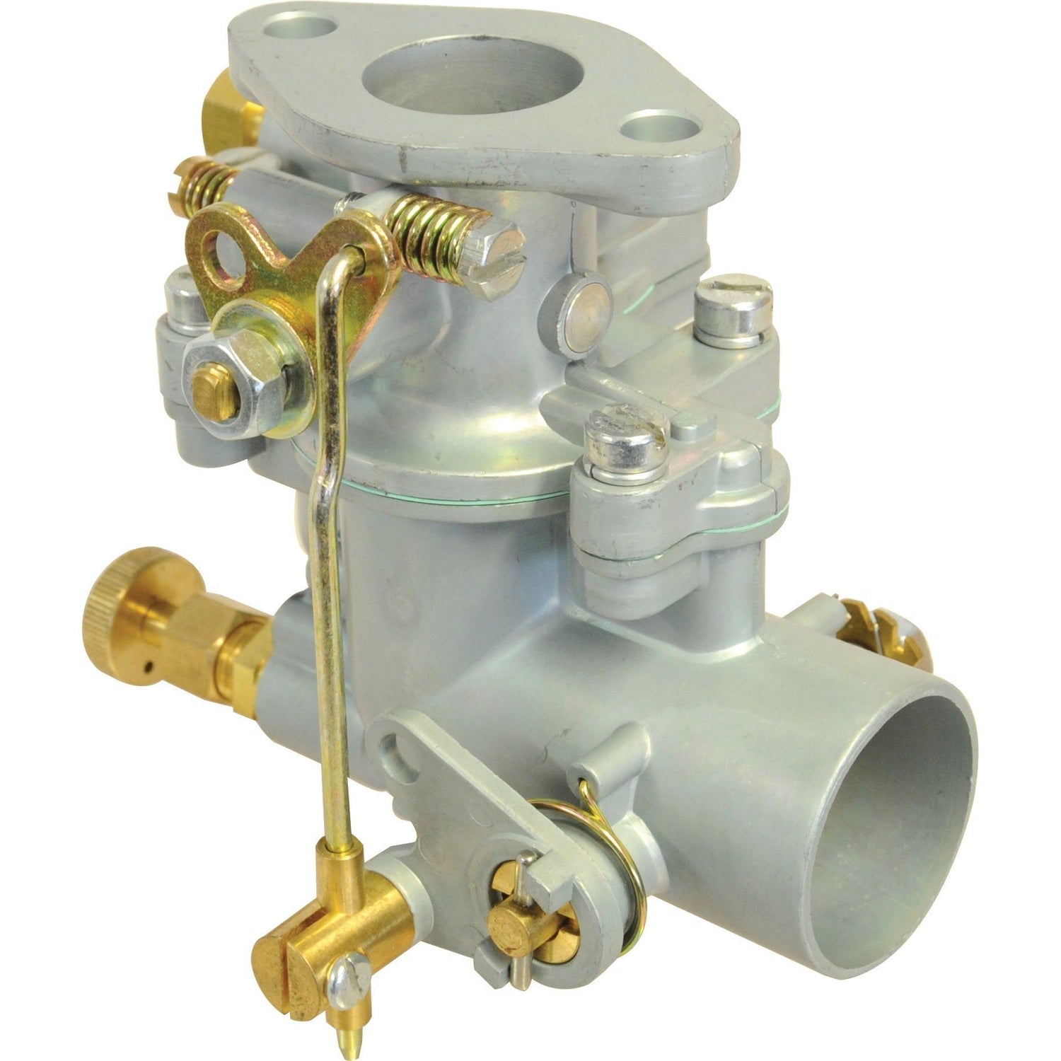 An image of a metallic Carburettor Gasket (Sparex Part No.S.43654) with multiple screws, adjustment knobs, and a brass linkage component from the brand Sparex.