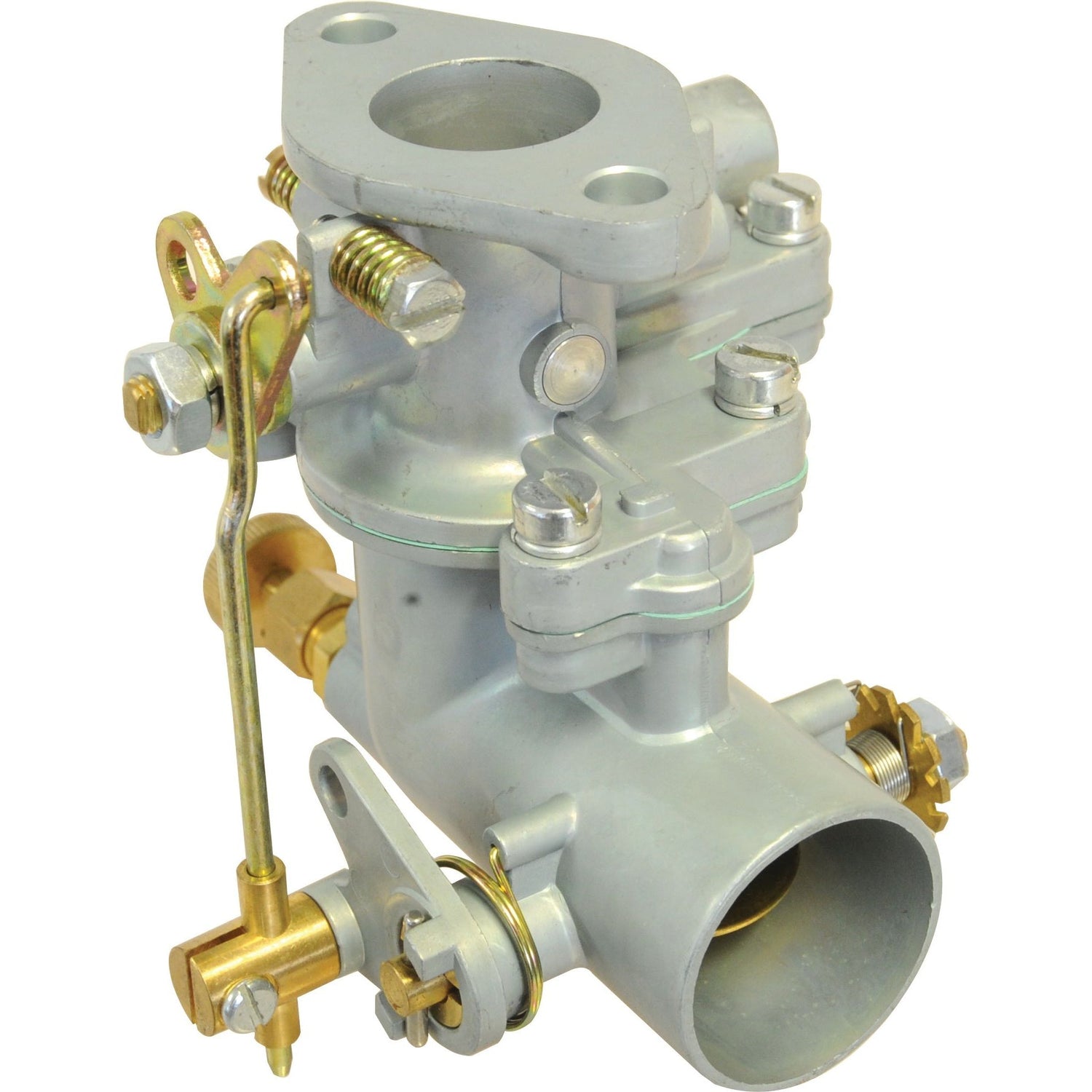 A Sparex Carburettor Gasket (Sparex Part No. S.43654) featuring various bolts, screws, and brass components, viewed from a slightly angled perspective.