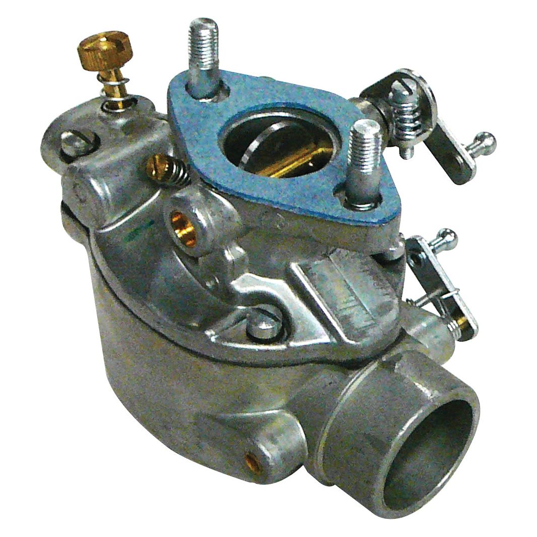 A close-up view of the Sparex Carburettor, part no. S.69196, with attached screws and a gasket, featuring various adjustment knobs and structural components, perfect for Ford / New Holland machinery.
