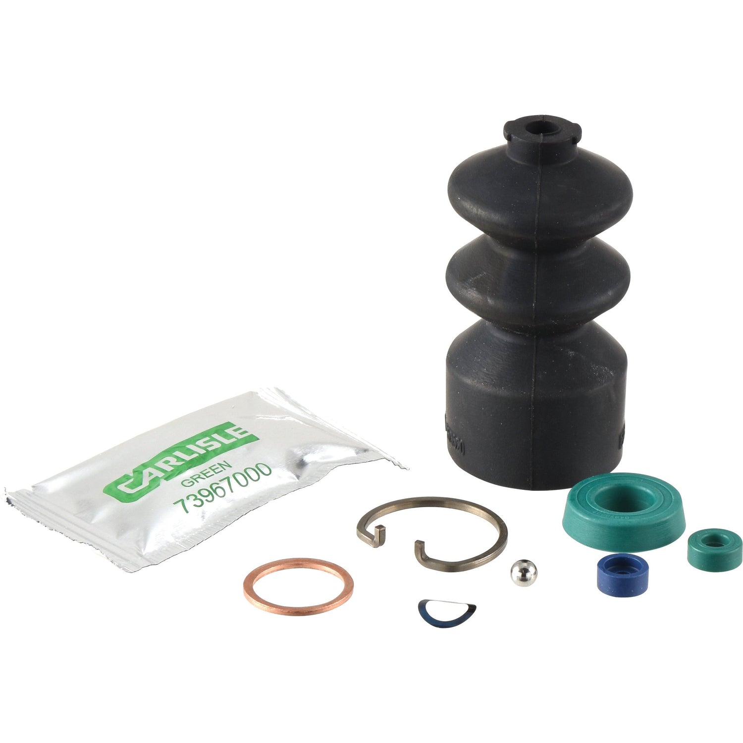 A collection of automotive parts including a black rubber boot, various seals and rings, a metal ball, and a green-and-white Carlisle-labeled packet—featuring the high-quality Sparex Brake Cylinder Repair Kit (Part No. S.143036).