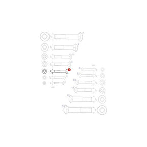 Diagram of various bolt sizes and corresponding measurements, highlighting one specific bolt with a red circle. Each bolt, ideal for 100 Series Massey Ferguson tractor parts, is numbered and collated with related washers and nuts. Specifically featured is the AGCO brand Carriage Bolt 3/8 x 1.3/8unf - part number 353811X1.
