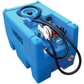 Introducing the Carrytank Transport Tank - 220L AdBlue by Sparex. This durable blue plastic tank, model S.127912, comes equipped with a black hose and integrated top-mounted accessories including gauges, connectors, and an electric 12V (DC) pump. For added security, it also features a lockable lid.