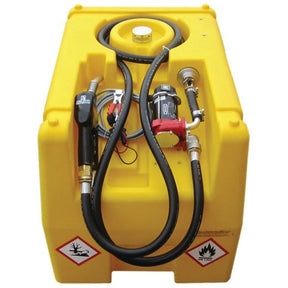 The Sparex Carrytank Transport Tank - S.127911 with a 220L capacity for Diesel, runs on 12V DC and includes hoses, an automatic nozzle, a Diesel electric pump, and safety hazard symbols for flammable and harmful substances.