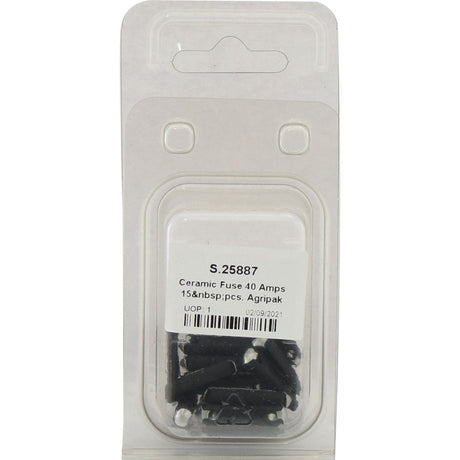 A clear plastic pack of black ceramic fuses labeled "Ceramic Fuse 40 Amps 15 pcs. Agripak | Sparex Part No.S.25887" by the brand Sparex.