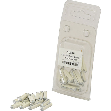 A clear plastic package labeled "Sparex Ceramic Fuse 8.0 Amps 15 pcs. Agripak | Part No.S.25071" contains multiple small cylindrical porcelain fuses, both inside and outside the package.