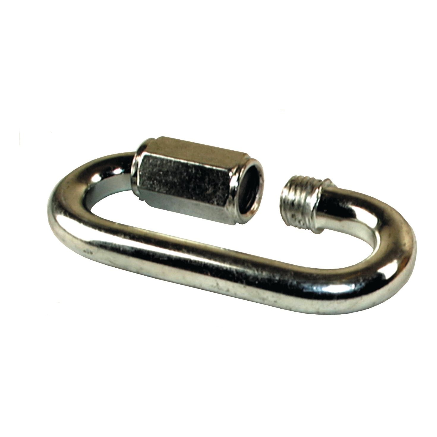 The Chain Quick Link Ø16mm, Sparex Part No. S.2845, is a metal connector with a partially unscrewed threaded end, perfect for attaching chains or ropes and ideal for all your Sparex requirements.