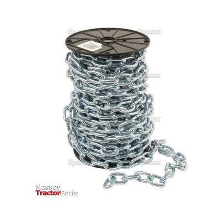 A large spool of Sparex Short Link Chain 8 x 47 x 30mm x 19M - S.55528, partially unspooled, sits on a white background. The chain is coiled tightly around the spool, showcasing its durability in mild steel. A section of the chain extends out to the right, ensuring a safe working load.