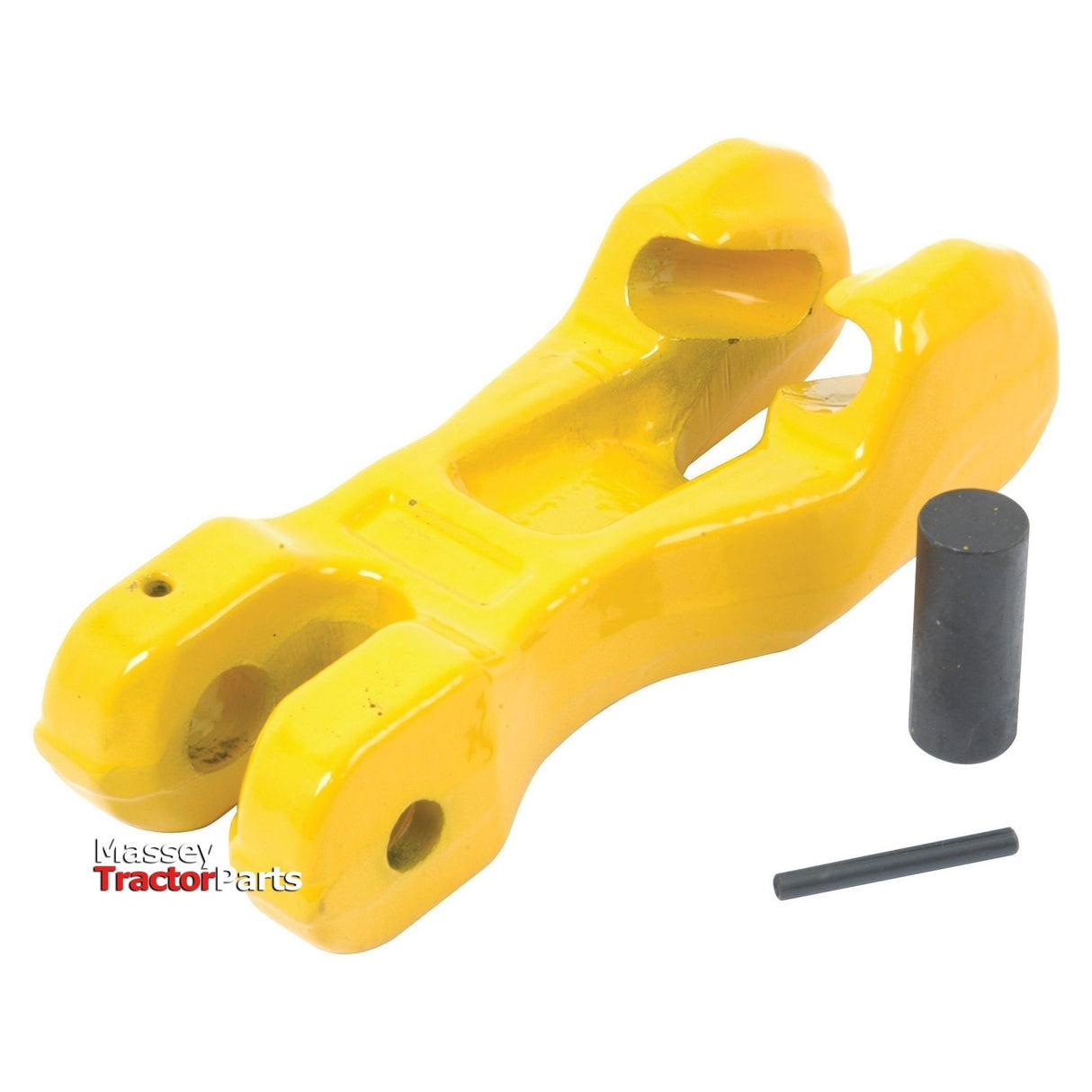 A yellow metal Chain Shortener - 10mm by Sparex, featuring two holes on each end and accompanied by two cylindrical pieces, designed to support a safe working load.