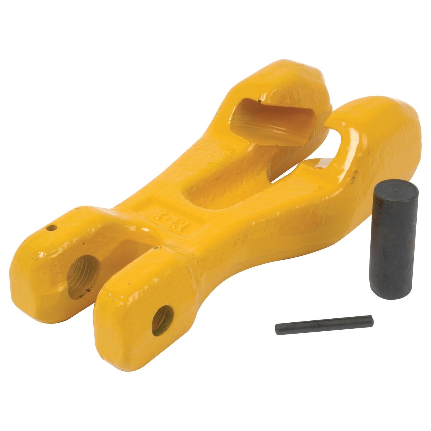 A yellow heavy-duty clevis link, identifiable as the Chain Shortener - 13mm (S.79413) by Sparex, with two small metal pins placed beside it.