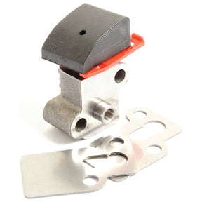 A Chain Tensioner from Sparex (Part No. S.43592), featuring a metal automotive component with a black and red plastic part attached in a style similar to Massey Ferguson, and accompanied by two flat metal pieces with various cutouts.