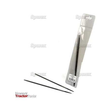 Two thin metal files, one packaged and one unwrapped, are displayed against a plain white background. The Agripak packaging includes a hang tab and barcode. The packaged file is labeled as “Chain Saw File, Ø: 5/32'' x 8'' (Agripak 2 pcs.) | Sparex Part No.S.19375” from the brand Sparex.