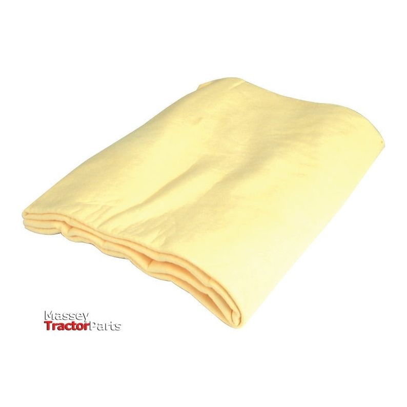 A folded, light-yellow Chamois - S.20409 by Sparex is displayed against a white background. The logo "Massey Tractor Parts" is visible in the bottom left corner, showcasing a product known for its exceptional absorbency and durability.