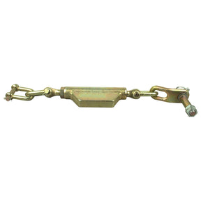 The Sparex Stabiliser Chain (Part No. S.3282) is a metallic turnbuckle featuring a central adjusting nut and bolts on either end, designed for tensioning and adjusting the length of cables or rods. With a D-shackle diameter of Ø13mm, thread diameter of Ø19mm, and minimum length of 495mm, it boasts 3/4 UNC thread compatibility, making it ideal for Ford/New Holland machinery.