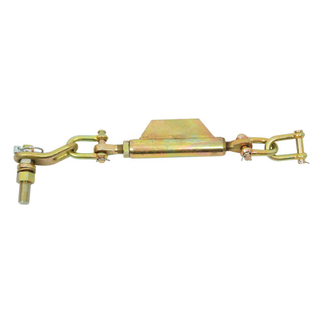 The Sparex Stabiliser Chain, featuring a D-Shackle with a Ø13mm diameter and a Ø19mm threaded section, has a minimum length of 495mm and utilizes a 3/4 UNC thread. This metal load binder is typically used for securing loads on vehicles, complete with hooks, chains, and a central tensioning mechanism. It is compatible with Sparex End Fittings (Part No. S.3283).