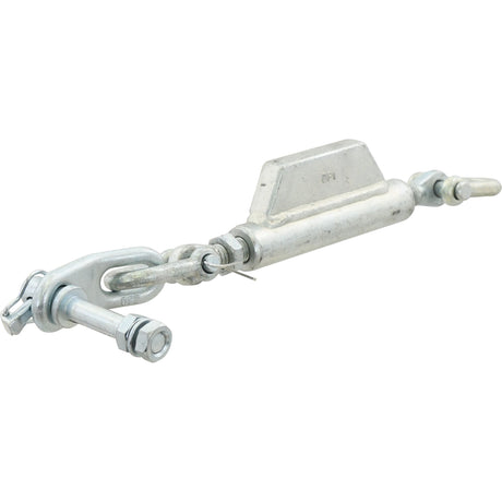 A Sparex Stabiliser Chain (Part No. S.3319) with a D-Shackle Ø13mm and thread Ø16mm, featuring a tensioning mechanism in the center and measuring a minimum length of 445mm, crafted with hook and eye end fittings.

