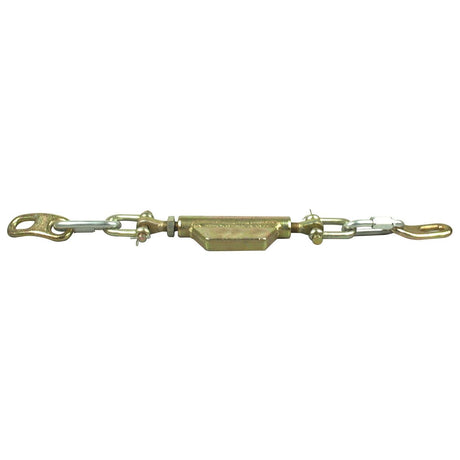 Close-up of a gold and silver stabiliser chain featuring Ø18x38mm holes, designed to accommodate heavy-duty applications. With a minimum length of 650mm and sturdy Sparex End Fittings, this Stabiliser Chain (Sparex Part No. S.3320) ensures exceptional durability and reliability, making it an ideal choice for tensioning wires or cables.