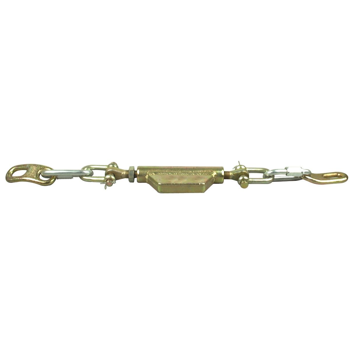 A Stabiliser Chain (Sparex Part No. S.3320) featuring precision-engineered Sparex End Fittings, designed for tensioning and securing objects, includes hooks and an adjustable mechanism in the center with hole dimensions of Ø18x38mm and a minimum length of 650mm.