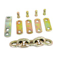 A set of six metal plates, four pins, and a short chain with reflective surfaces similar to those on a Massey Ferguson 165, arranged on a white background. This combination is reminiscent of the Check Chain - Links: 11 - Hole Ø12.5x62mm by Sparex, Part No.S.42071.