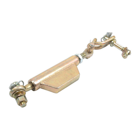 The Sparex Stabiliser Chain (Part No. S.4250), adorned in a gold coloration, boasts a hexagonal central body and comes equipped with rods and swiveling joints at both ends. It features precision end fittings that guarantee secure connections and is fully compatible with other Sparex components, ensuring reliable integration into your mechanical system.