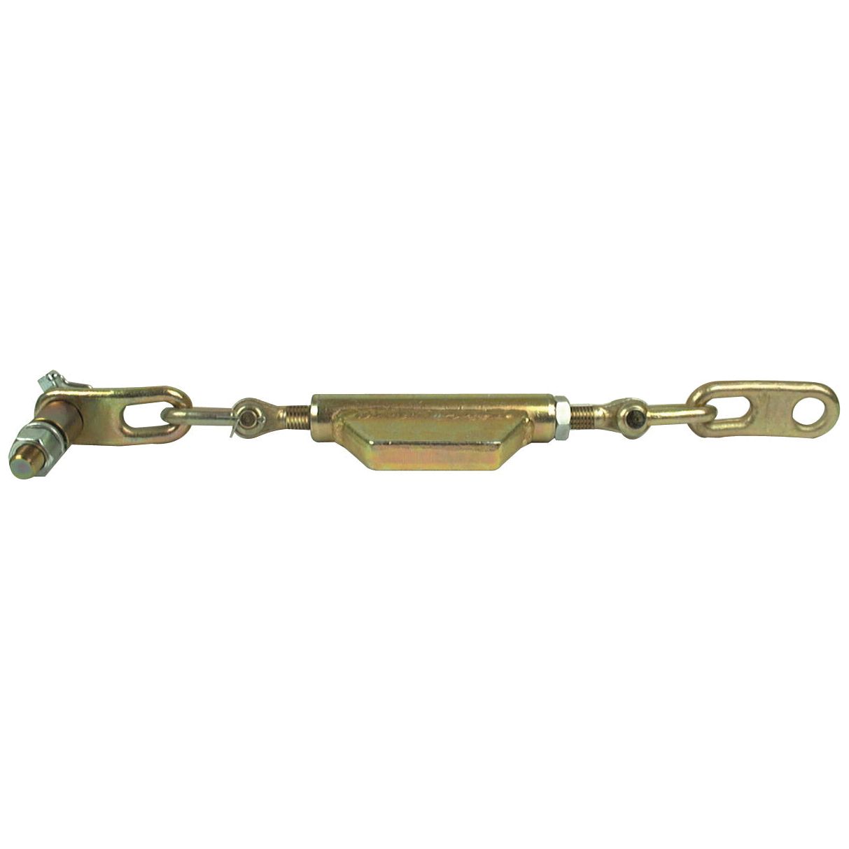 Image of a Sparex Stabiliser Chain (Sparex Part No. S.5264) featuring threaded bolts and eyelets on both ends, with a Thread Ø19mm and maximum length of 607mm, used to adjust tension in ropes, cables, and other tension systems.
