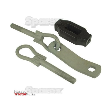 A set of metal tractor parts, from the Sparex brand and compatible with Case IH International Harvester, includes a threaded rod with a loop, a flat metal piece with a hole, and a black rectangular component. This kit is recognized under the name Stabiliser Chain - Min. Length: | Sparex Part No.S.60291.