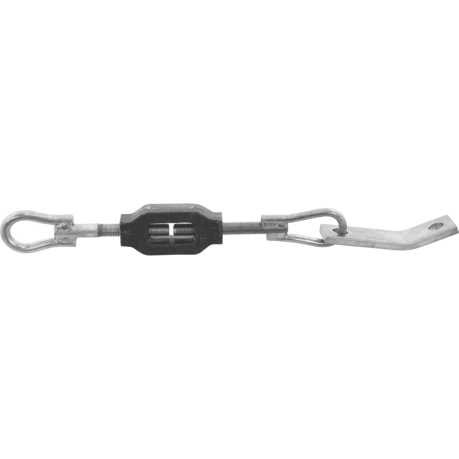 The Stabiliser Chain (Sparex Part No. S.60291) is a metal turnbuckle featuring an eye bolt on one end and a hook bolt on the other, engineered for tensioning and adjusting the length of cables or ropes. This product is compatible with machinery from Sparex, Case IH International Harvester, and Ford New Holland.