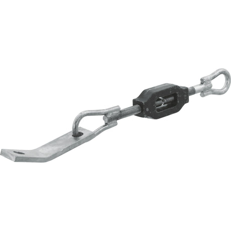 Close-up of a Sparex Stabiliser Chain (Sparex Part No. S.60291), featuring a metal turnbuckle with an attached steel bracket and hook, commonly found in Ford New Holland and Case IH International Harvester machinery, with a black adjustable center section.