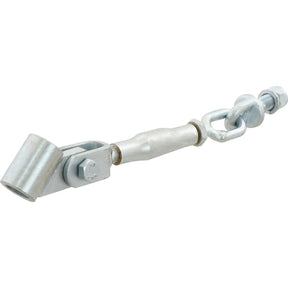 The Sparex Stabiliser Chain, featuring a Pin Ø16mm, Holes Ø23mm, minimum length of 235mm and M16x2 metric threads (Sparex Part No.S.70633), includes end fittings such as an eye bolt, hook, and clevis pin connection and is designed for length adjustment.