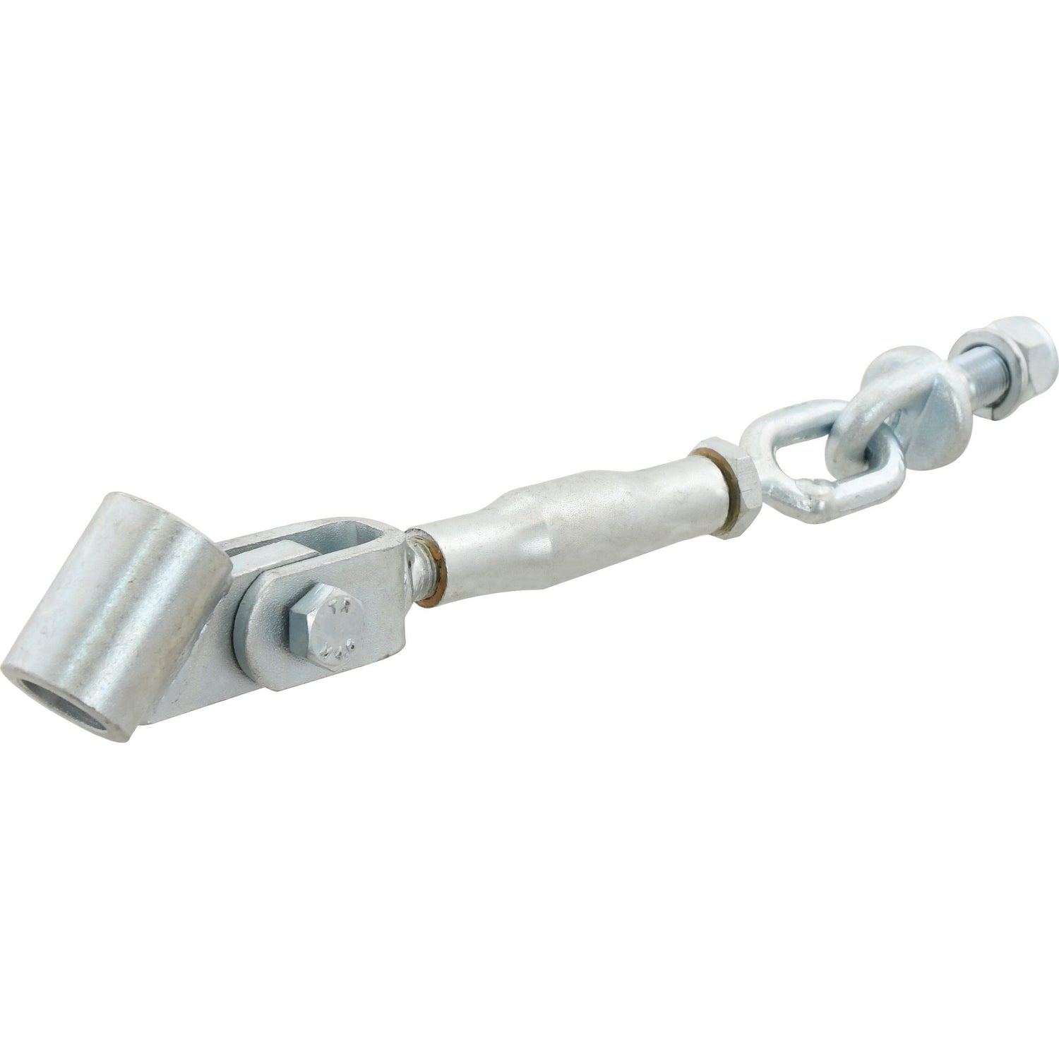 Image of a metal Stabiliser Chain (Sparex Part No. S.70633) with connected chains and a hook on one end, designed for tensioning applications. Features Sparex end fittings and length adjustable capabilities to ensure a perfect fit, with M16x2 metric thread size for precision. 

