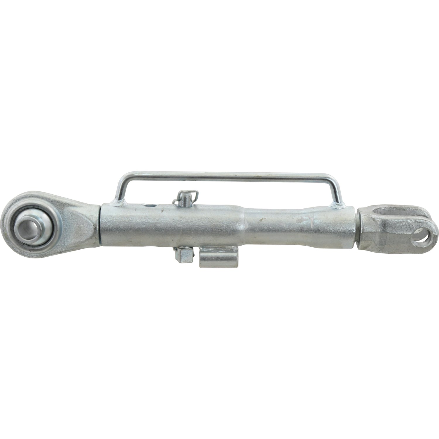 The Sparex Stabiliser - Ball Ø19mm - Fork 24mm - Min. Length: 394mm - M30x3.5 (S.75858) features eye and jaw end fittings with a central adjusting nut and an integrated handle for easily tightening or loosening tension. This versatile turnbuckle is perfect for various applications and seamlessly fits with Fork Hole attachments.