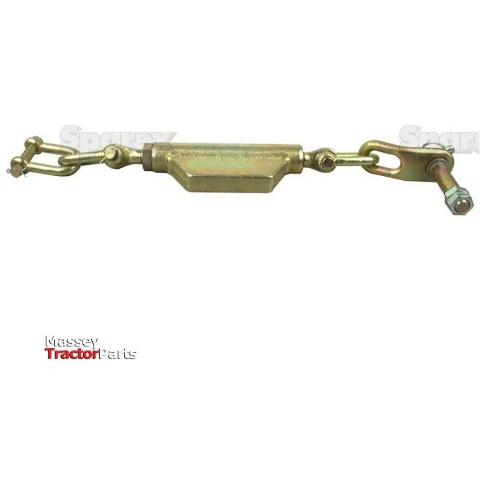 A stabiliser chain with a D-shackle, 13mm diameter, and a central adjuster with 19mm thread, from Sparex (Massey Tractor Parts), compatible with Ford/New Holland models. Available under Sparex Part No. S.3282. Minimum length: 495mm, thread size: 3/4 UNC.