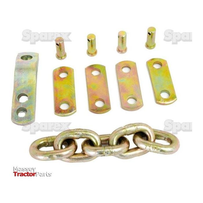 Image of various metal hardware components, including a small chain, brackets, and pins, arranged against a white background. The words "Sparex" and "Check Chain - Links: 11 - Hole Ø12.5x62mm | Sparex Part No.S.42071" along with "Massey Ferguson 165" appear on the image.